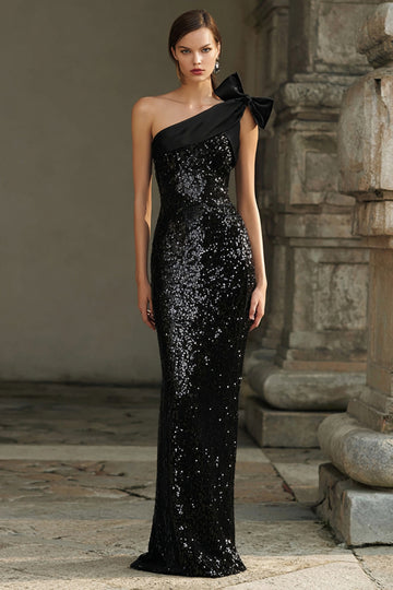 Black One Shoulder Sheath Bowed Evening Dress